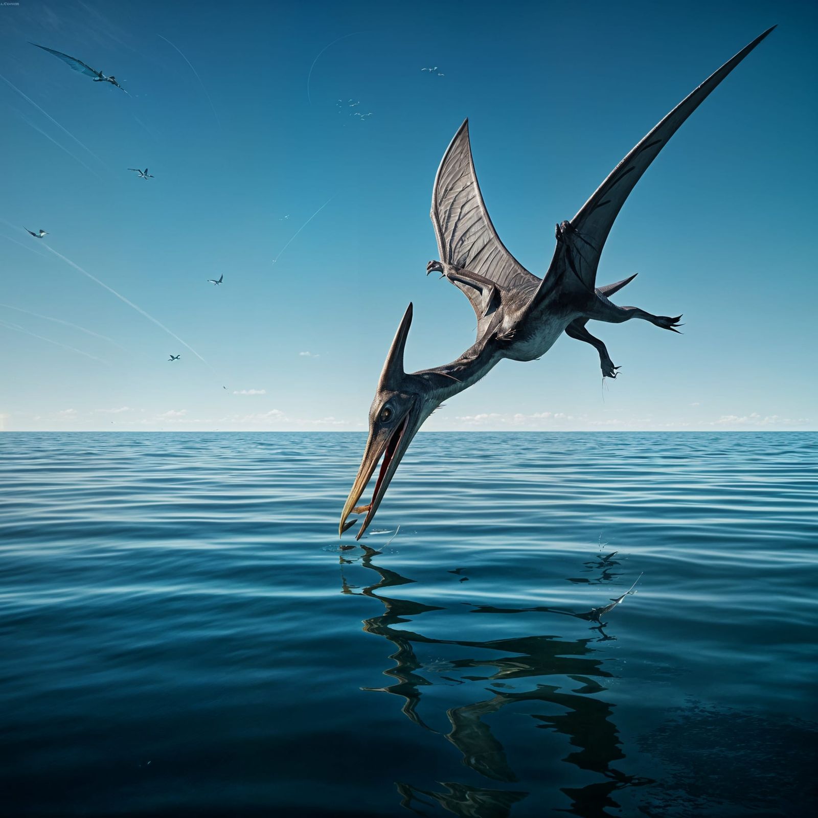 Pterosaur in Mid-Dive, Spoon-Shaped Beak Reflecting in Water...
