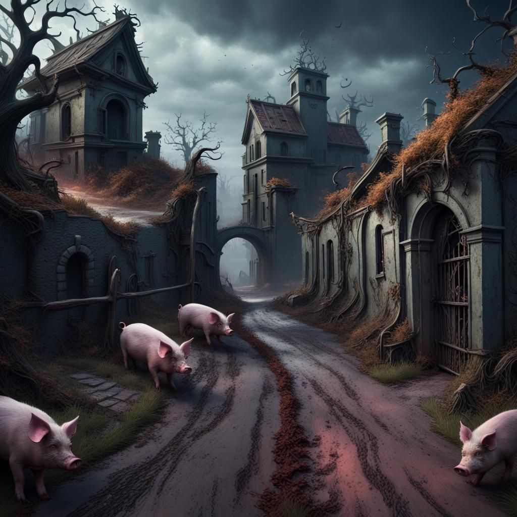 eerie place with abandoned graveyard and landscape with a one used slaughterhouse of pigs now haunter down a winding nar...