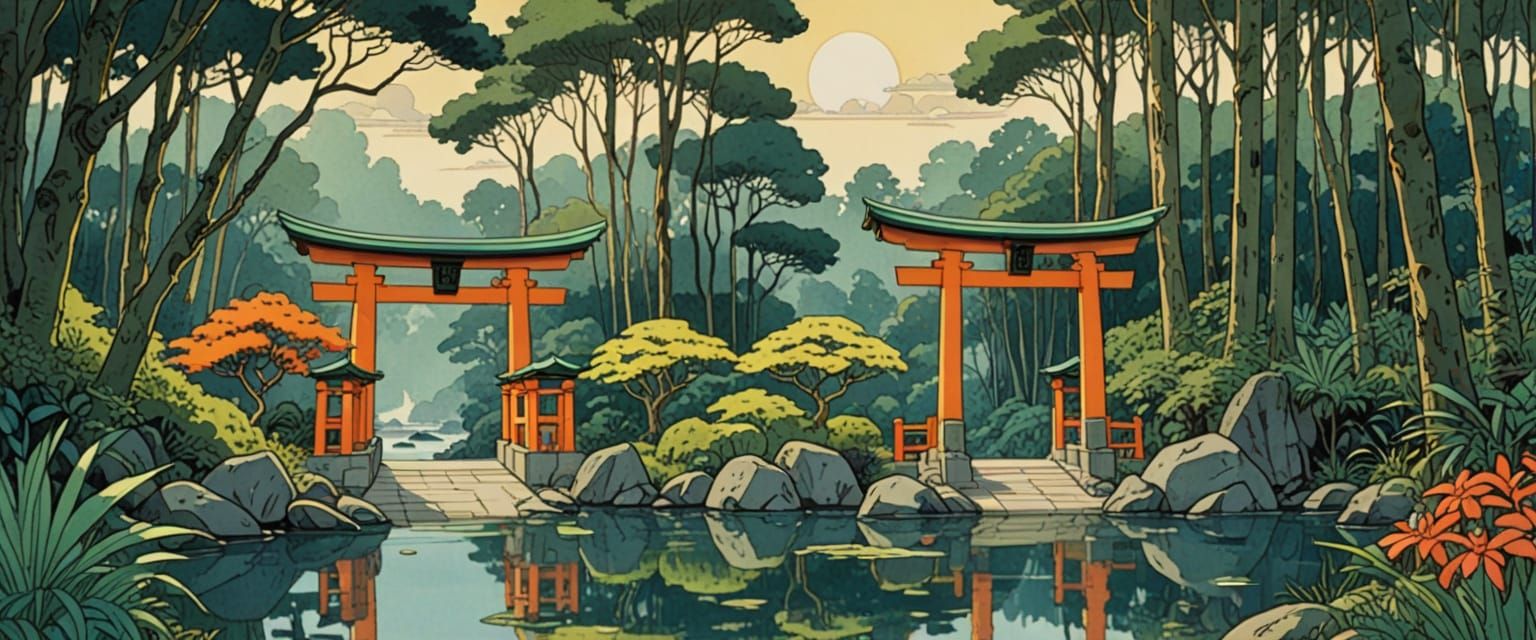 Green Torii Gate in Forest, Shinto Shrine, Dragonfly