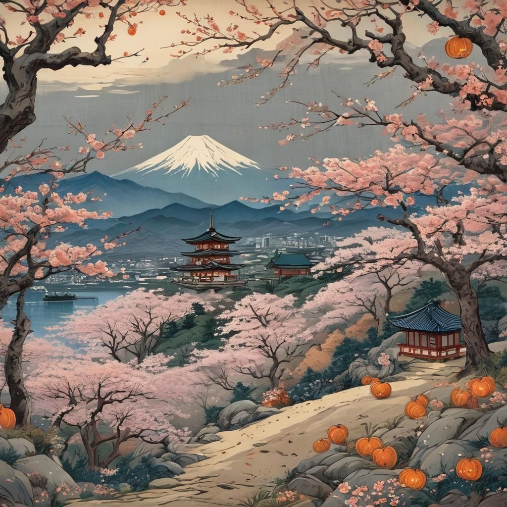 Ukiyo-e Japanese Landscape with Jack-o'-Lanterns