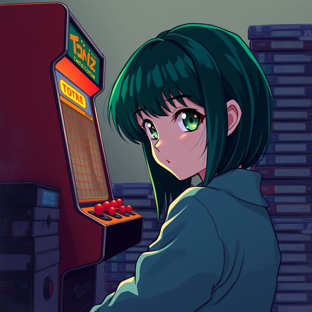 Retro Girl Longingly Plays Classic Arcade Machine in 80s Nos...
