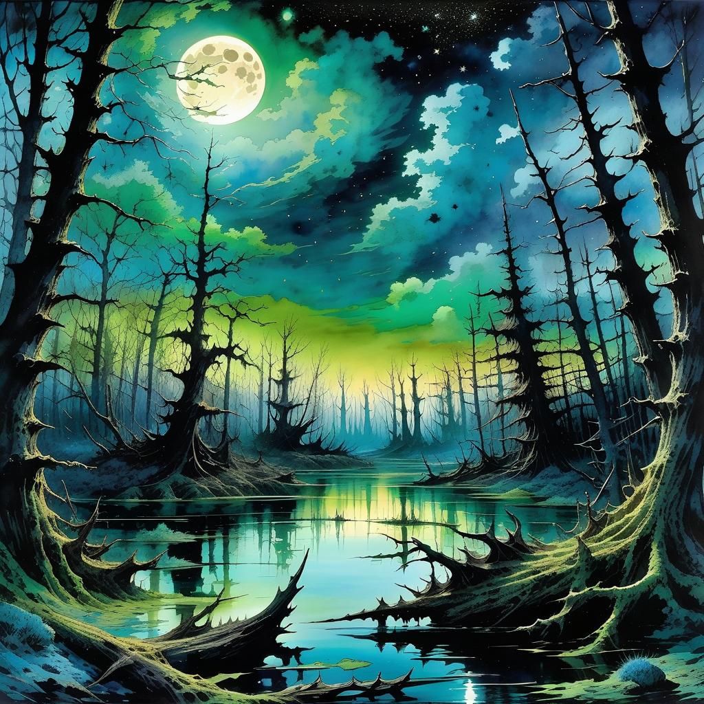 Gothic Swamp: A Watercolor Nightmare Under the Moon
