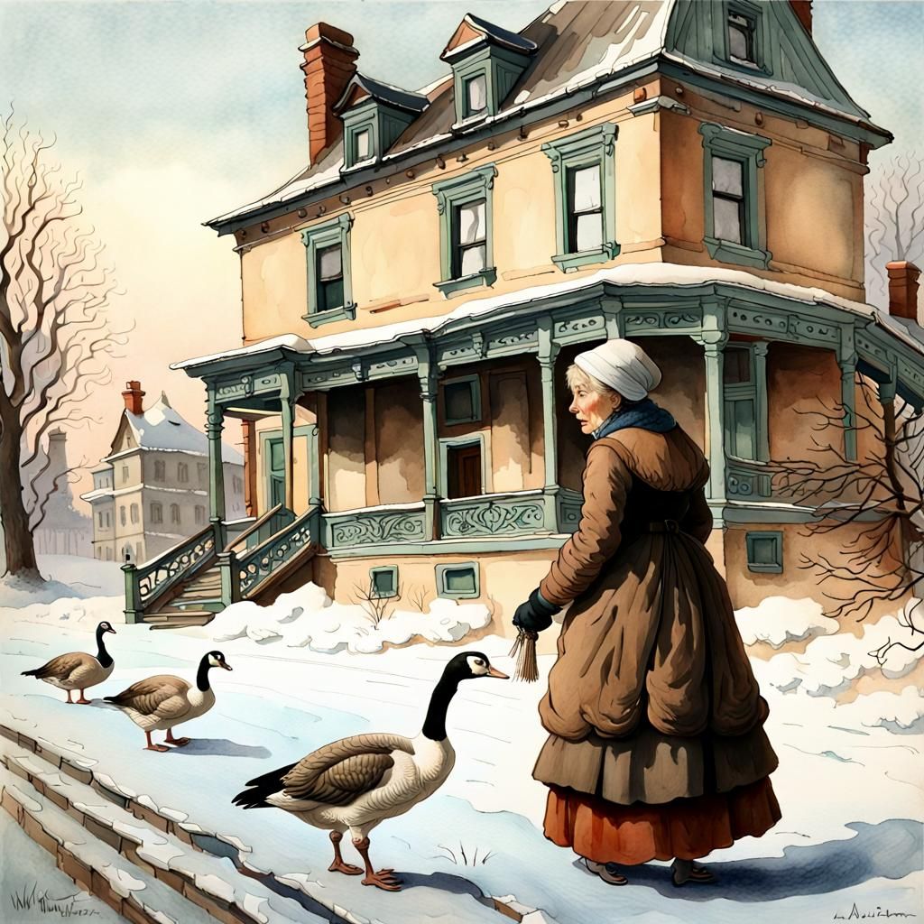 Victorian Winter: Woman with Goose, Detailed Watercolor