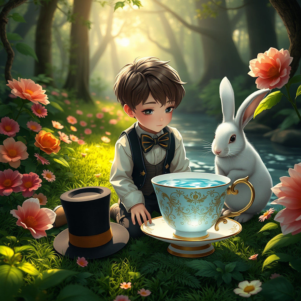 Boy and Rabbit Reflect in Forest River: 3D Anime