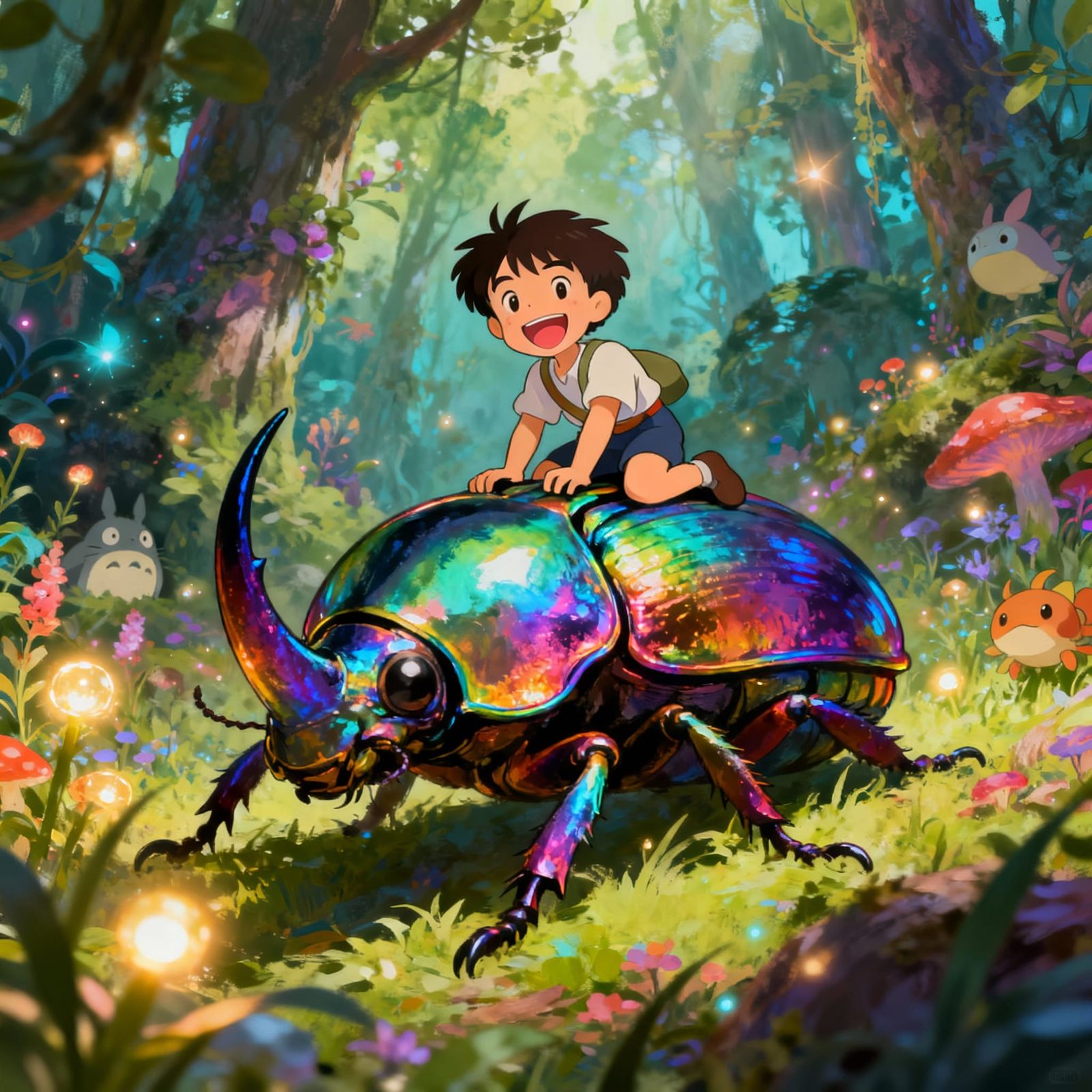 Boy Rides Giant Beetle in Joyful Digital Art Scene