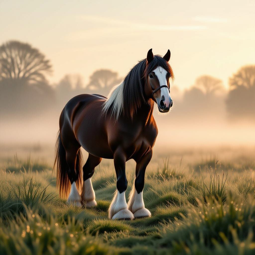 Elegant Clydesdale Horse in Misty Pasture