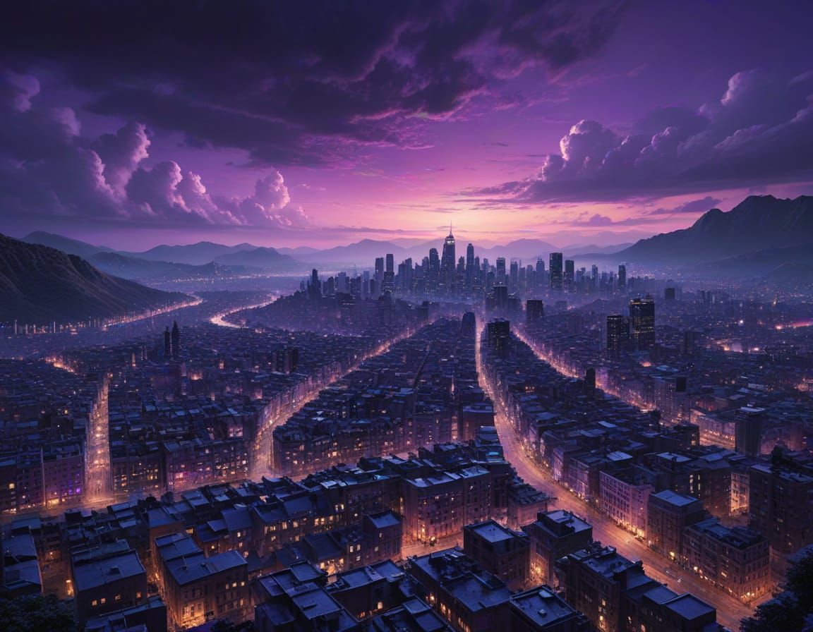 Epic Cityscape at Twilight in Vibrant Purple and Navy Hues