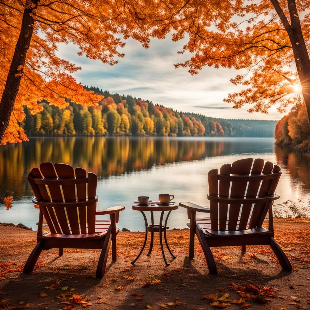 Autumn Lake View with Coffee: 8K Photo