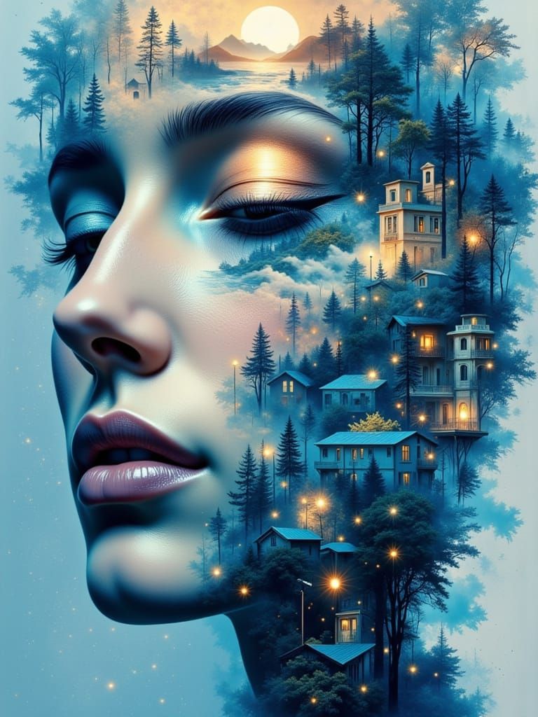 Abstract Woman Face Double Exposure with Nature and Memories