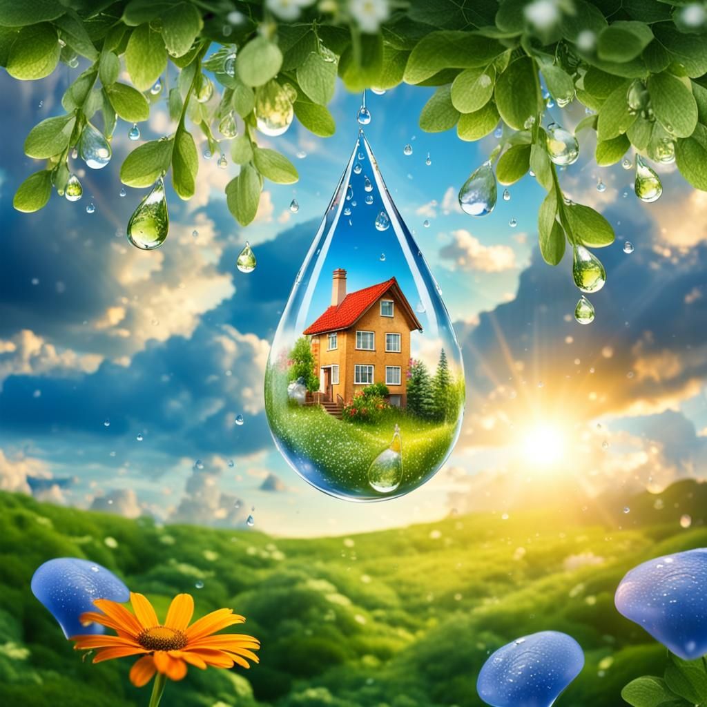 Summer Landscape Inside Raindrop with Sunset