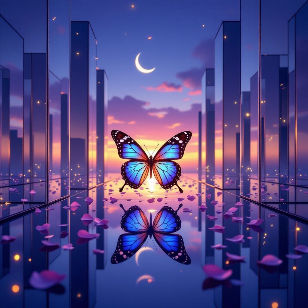 Butterfly in Mirrored Maze at Twilight
