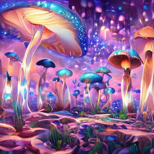 Psychedelic Glowing Mushrooms in Whimsical Landscape