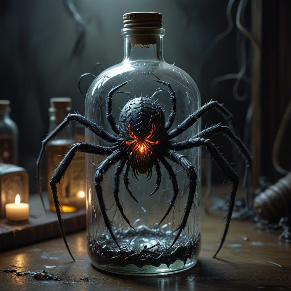Dark Fantasy Horror Art of a Terrifying Bottled Spider