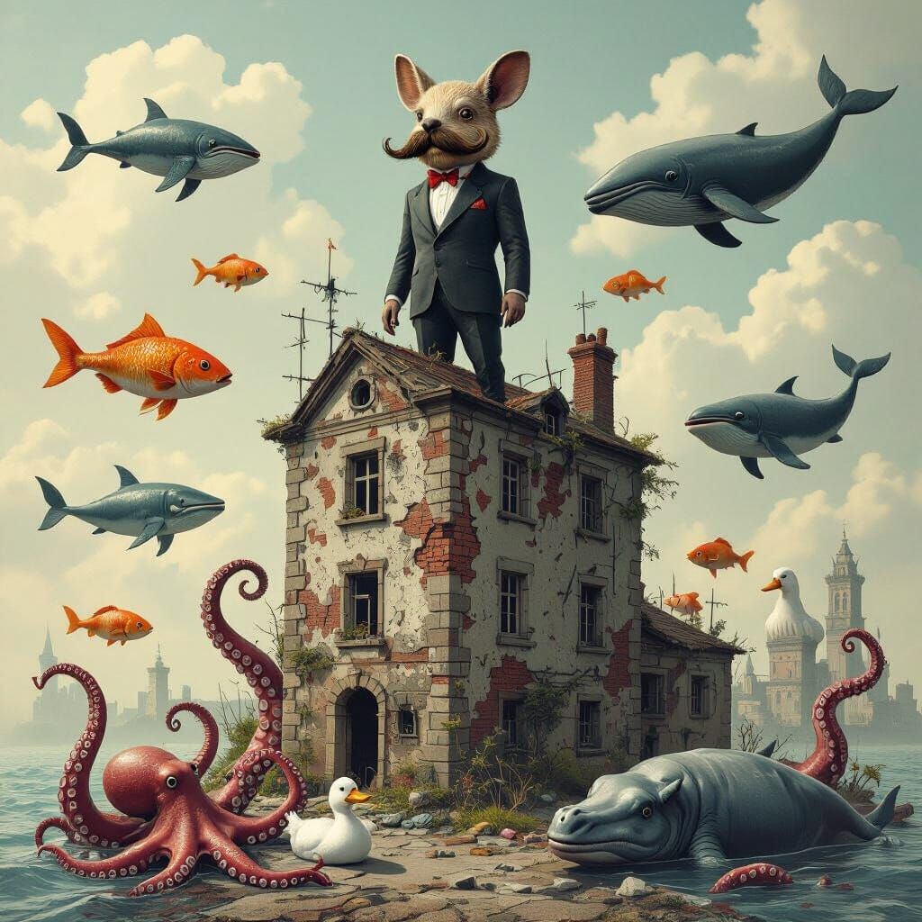 Surreal Hybrid Creature on Ruined Building