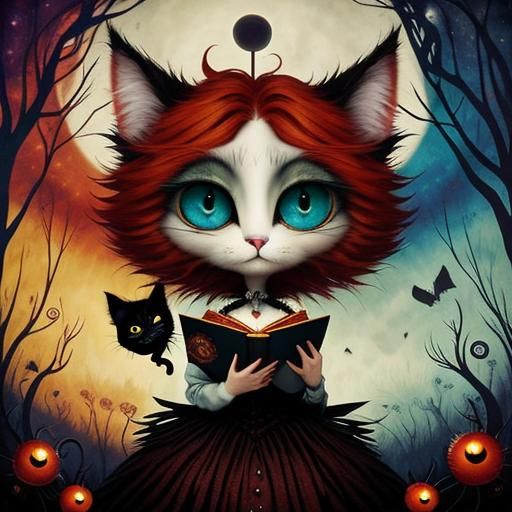 Gothic Cat Girl Reading in Fairytale Scene