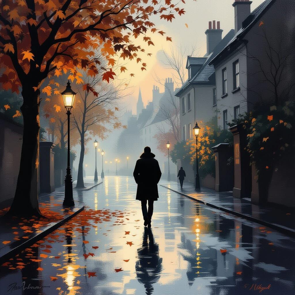 Lone Figure Walks Away on Misty Evening Street