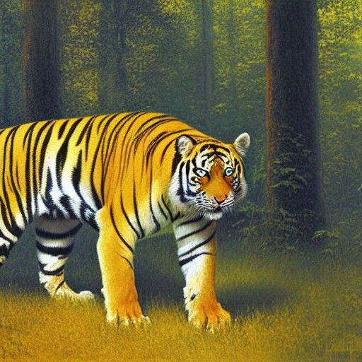 Yellow Tiger Roams Forest in Oil Painting Style