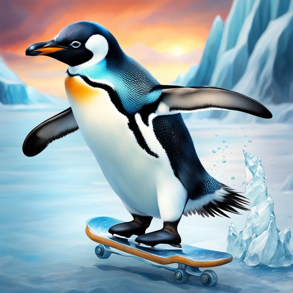 Penguin Ice Skating: Hyperrealistic Splash Art