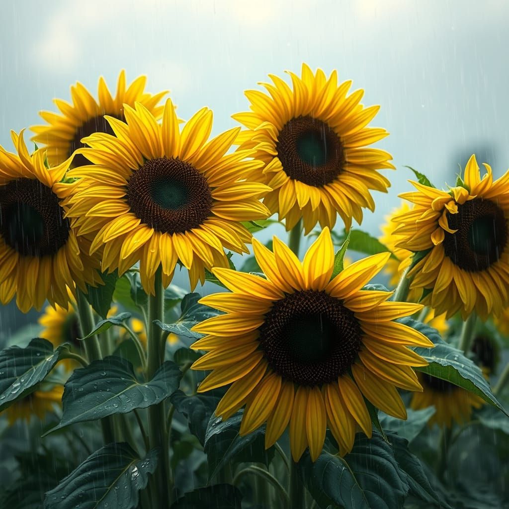 Vibrant Sunflowers in a Rainy Downpour, Impressionist Style