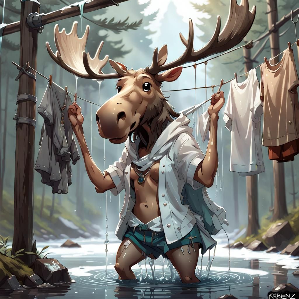 Biopunk Moose Laundress in Manga Style