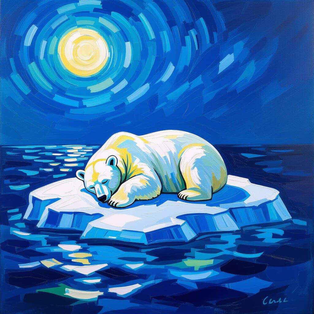 Polar Bear Sleeping on Iceberg in Van Gogh Style