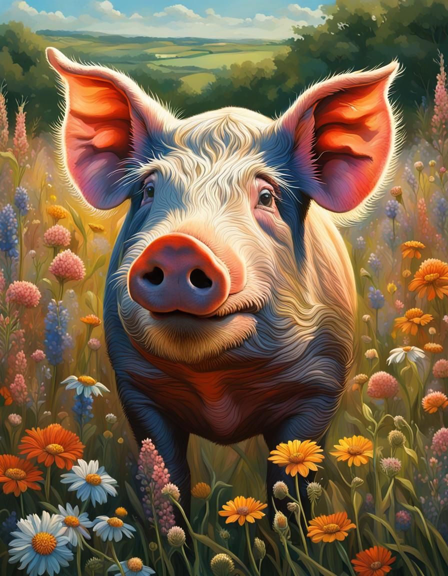 Tamworth Pig Portrait in Wildflower Field