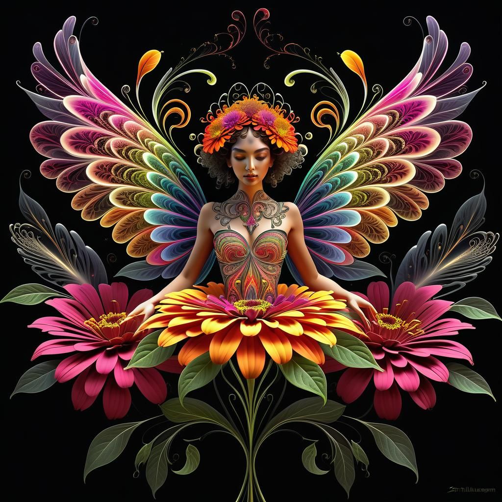 Zinnia Fairy in Gothic Kinetic Pointillism Style