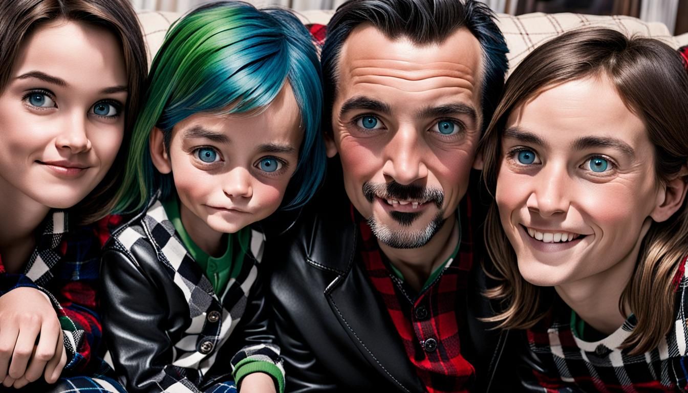 Family in Checkered Pajamas Lounging in Living Room