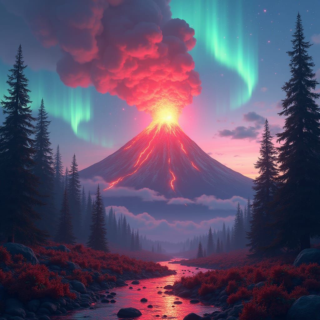 Strawberry Volcano Under Northern Lights, Matte Painting