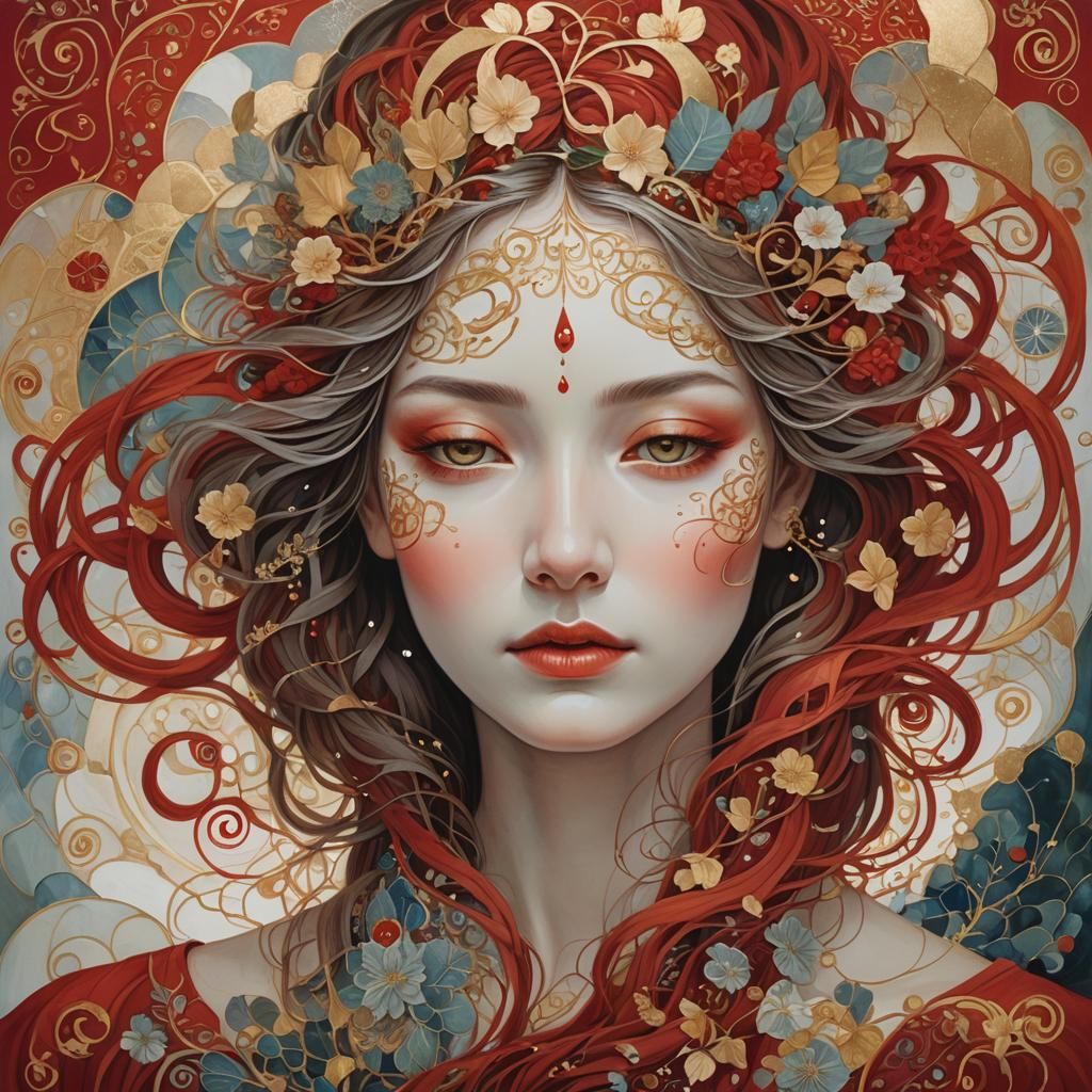 An intricate and ethereal portrayal of a woman's face, intertwined with swirling patterns and motifs. Her eyes are close...