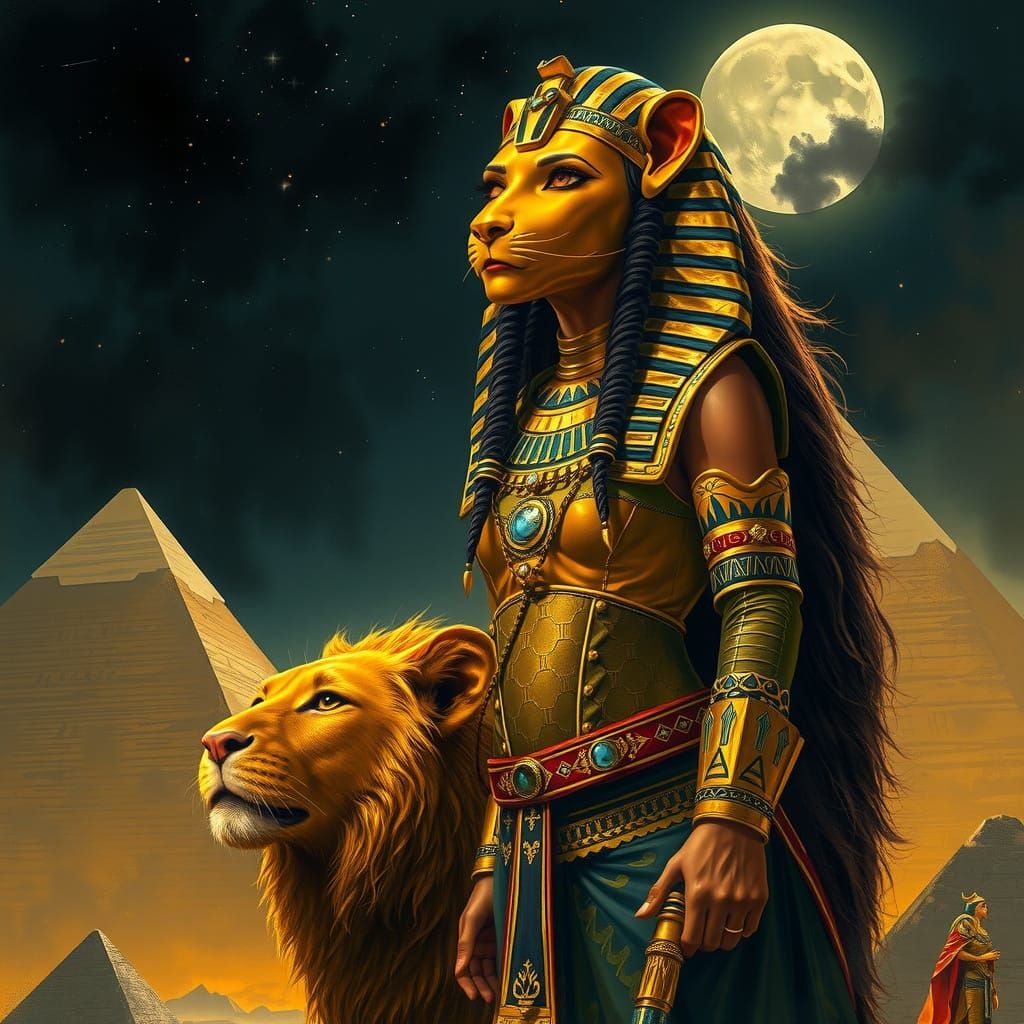 Regal Golden Sekhmet Reigns Supreme Amidst Ancient Pyramids