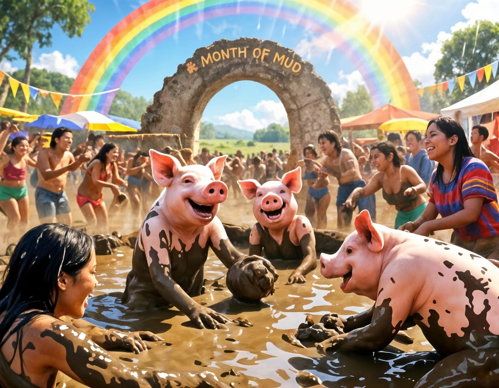 Joyful Mud Bath Festivity with Pig Heads and Rainbow