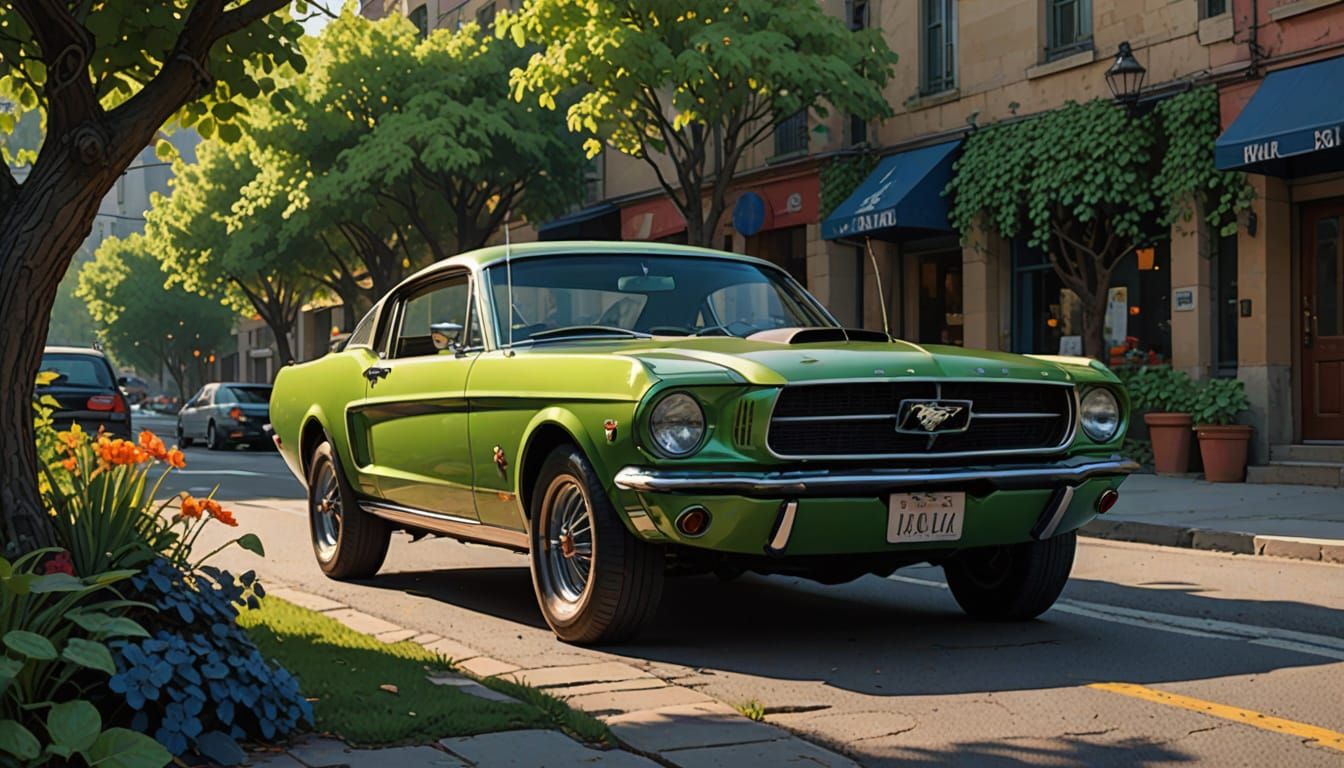 Vintage Green Mustang in Expressionist Comic Style
