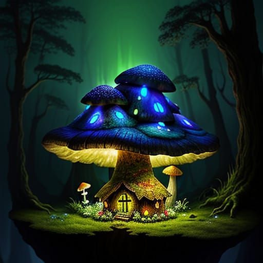 Whimsical Bioluminescent Cliffside Mushroom Abode