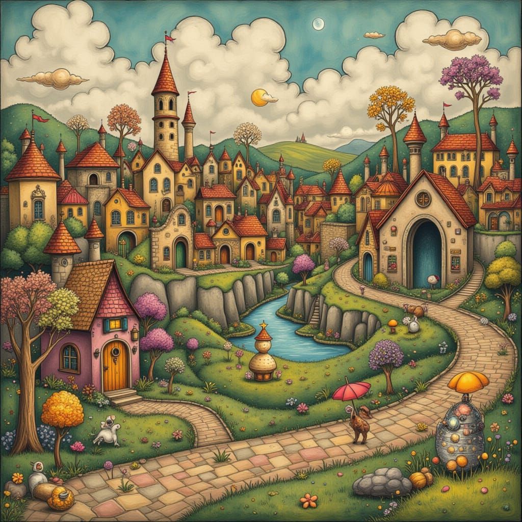 Whimsical People and Cityscape