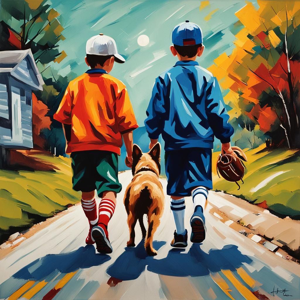 Boys with Dogs in Abstract Art Style