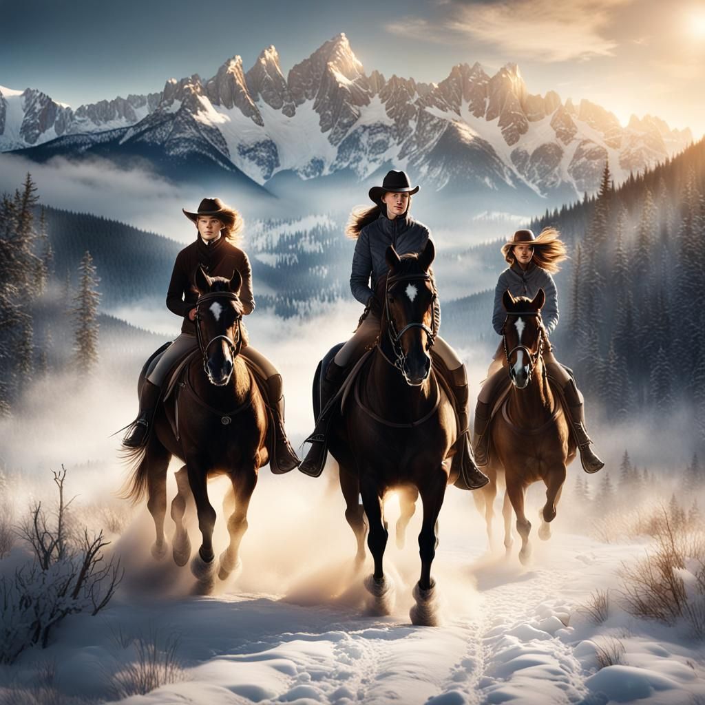 Equestrian Golden Hour: Snowy Mountain Ride
