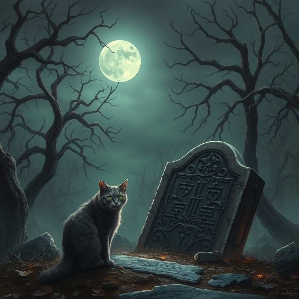 A Mournful Cat Stands Vigil at a Grave in a Haunting, Mystic...