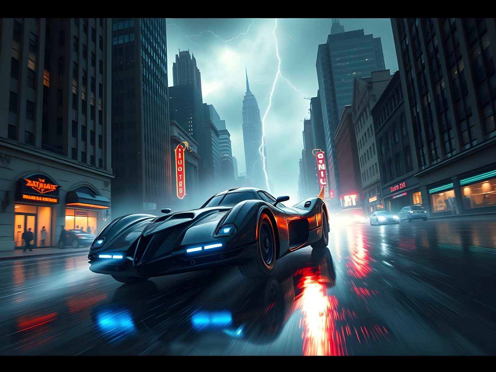Batmobile Races Through Gotham in Cyber-Noir Style