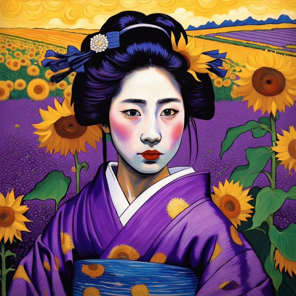 Geisha in Kimono with Sunflower Field, Impressionistic Style