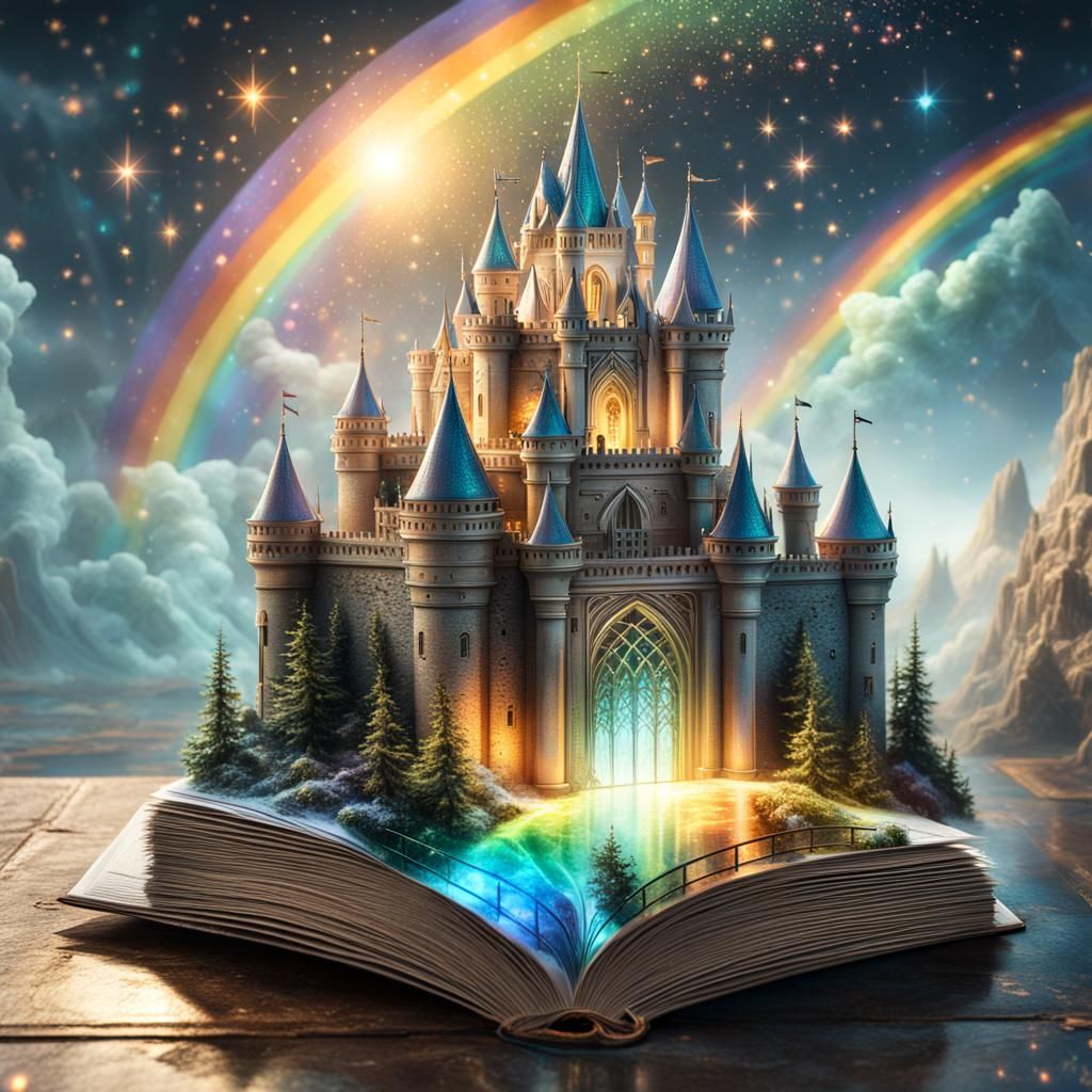 Iridescent Castle Emerges from Book in Galaxy
