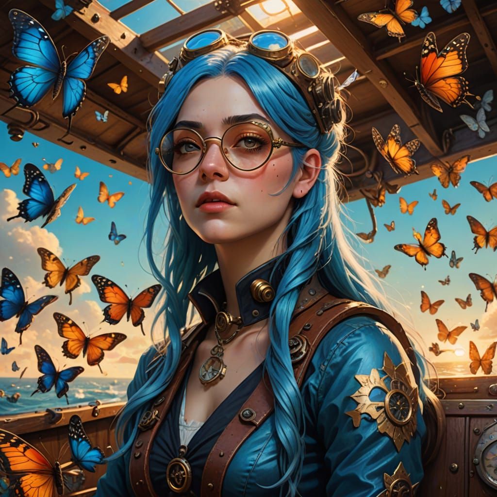 Surreal Steampunk Woman Surrounded by Butterflies