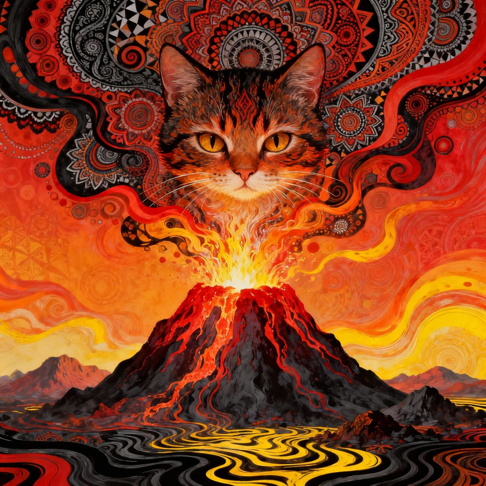 Psychedelic Magic Cat Erupts From Volcano in Vibrant Colors