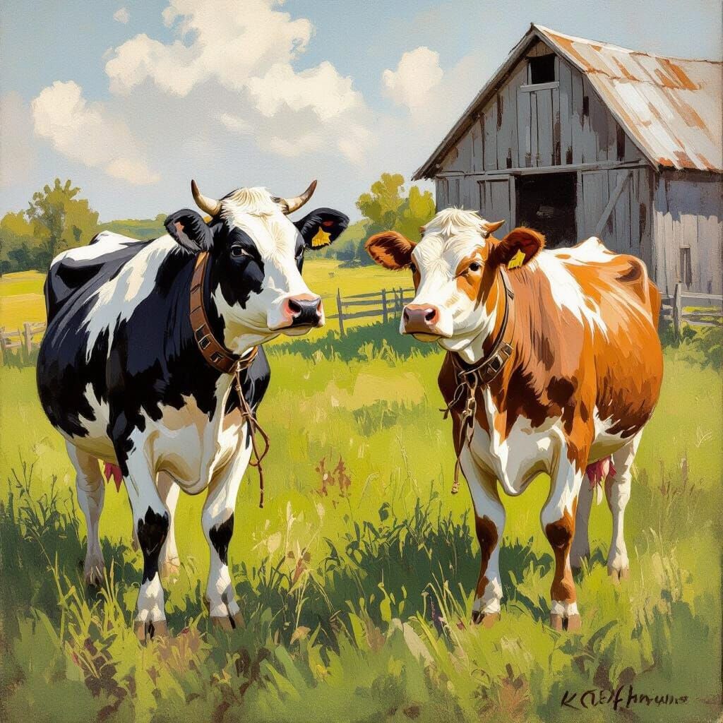 Rustic Cows in Meadow, Impressionistic Style