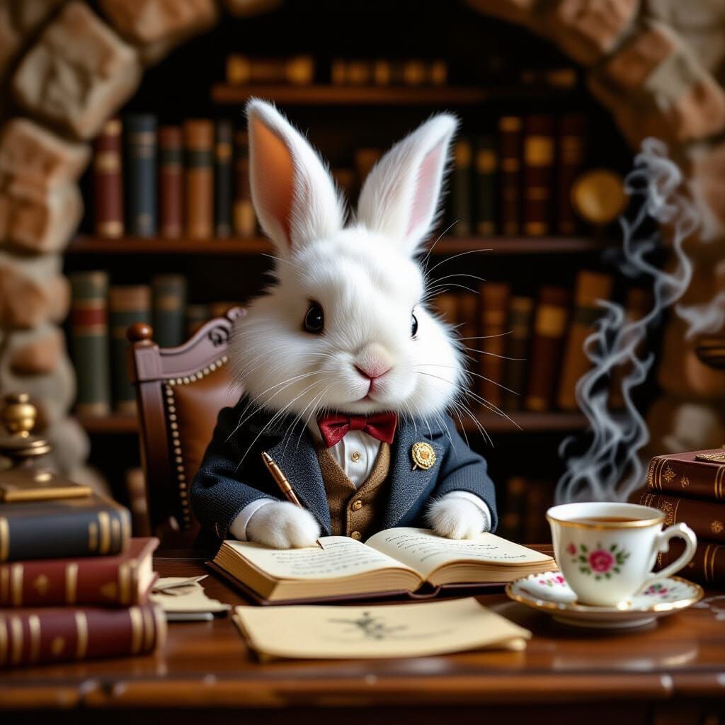 Rabbit Professor Writing in Burrow, Storybook Illustration