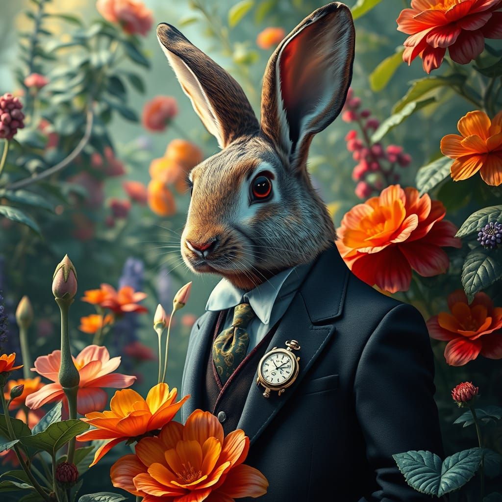 Dapper Rabbit Portrait in Lush Garden, Cubist Style
