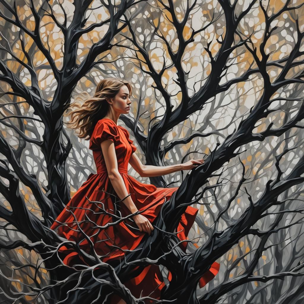 Surreal Girl Climbing Monochrome Tree