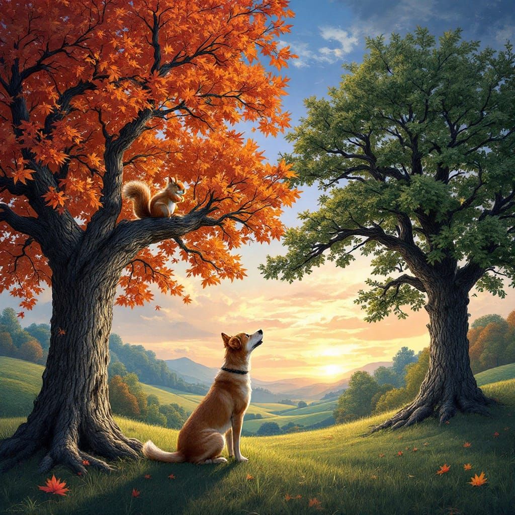 Canine Confronts Squirrely Neighbor in Vibrant Landscape