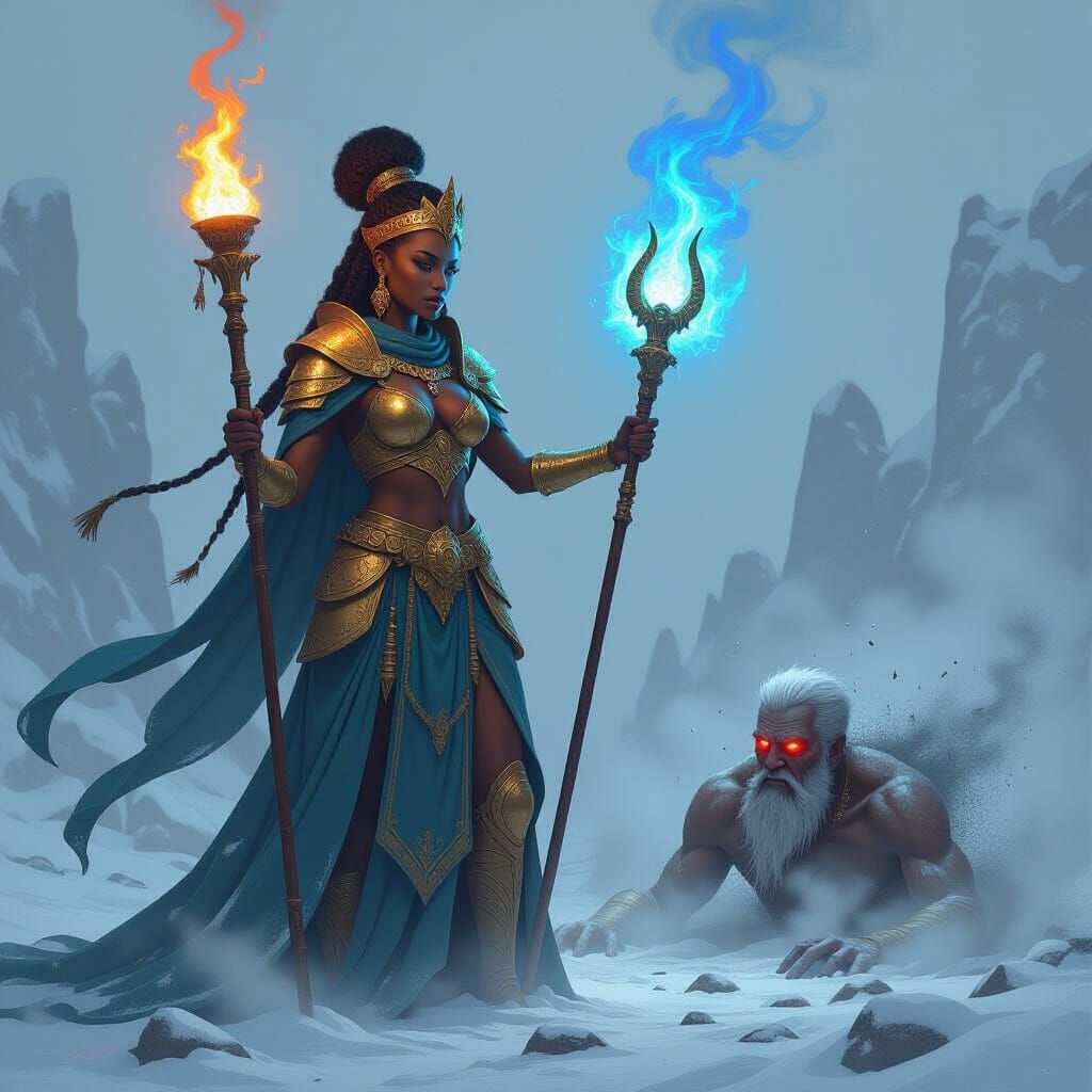 African Queen with Flaming Staff on Frozen Battlefield