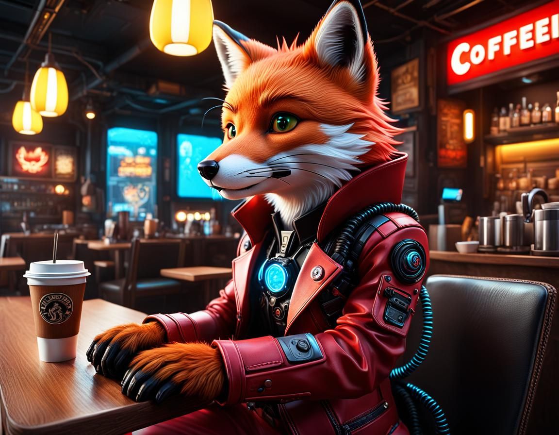 Cyberpunk Red Fox Relaxing in Coffee Shop
